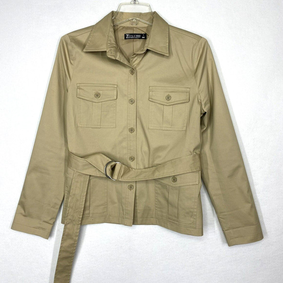 New York & Company Khaki Jacket S Belted Casual Button Front Casual Trendy Work - Picture 1 of 9